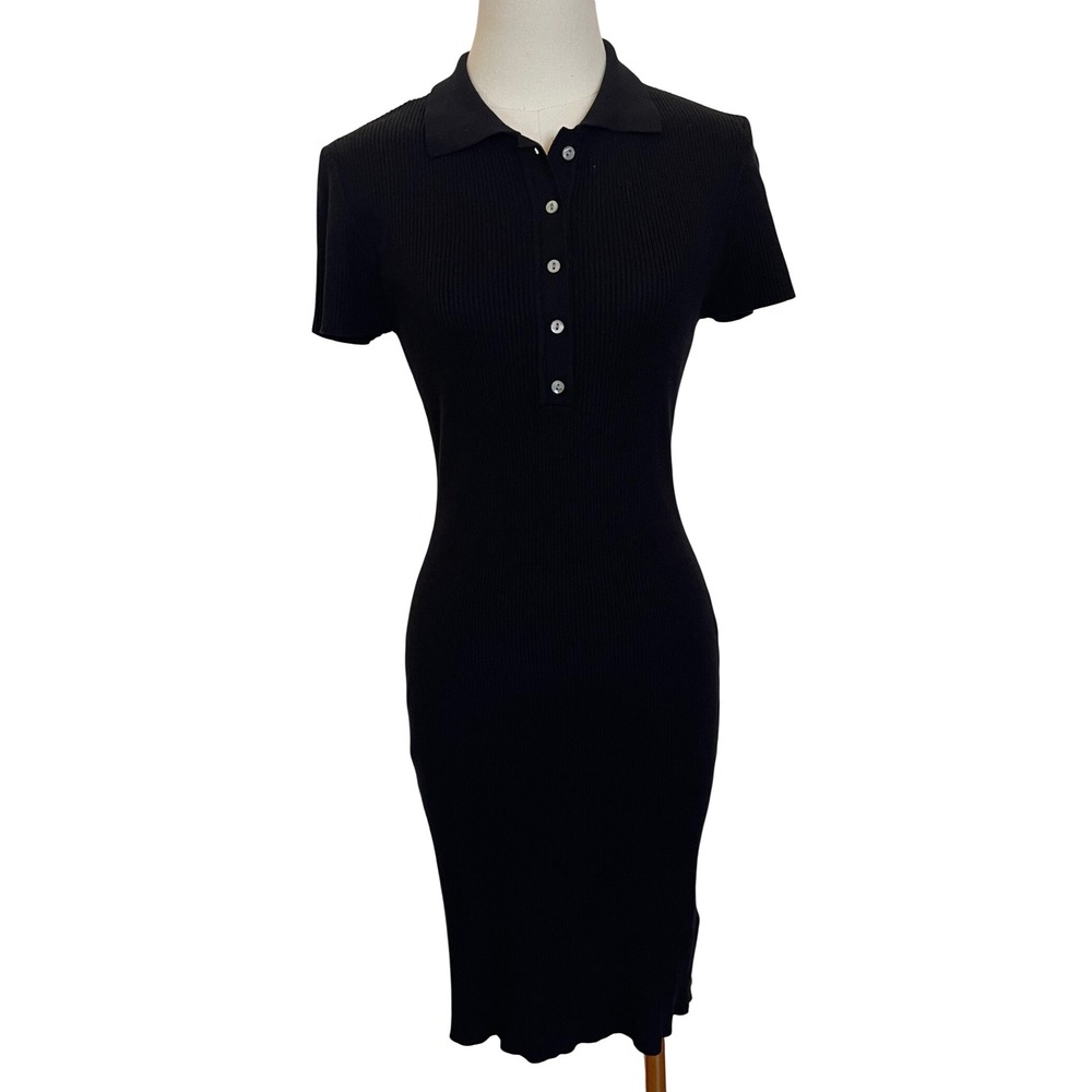 House of Harlow Black Ribbed Knit Collared Midi Knee Length Dress Button Up